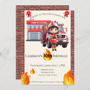 Cute Kawai Fire fighter Girl Theme Birthday Invitation