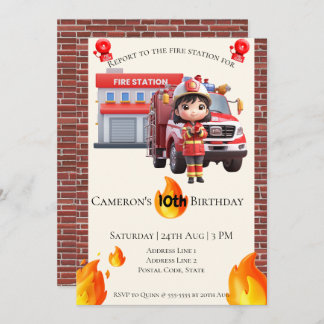 Cute Kawai Fire fighter Girl Theme Birthday Invitation