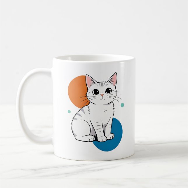 Cute Kawai White Grey Tabby Cat Illustration Coffee Mug (Left)