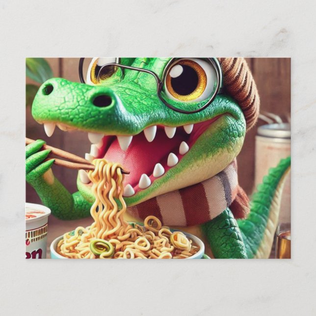 Cute Kawaii Alligator Eating Ramen Postcard (Front)
