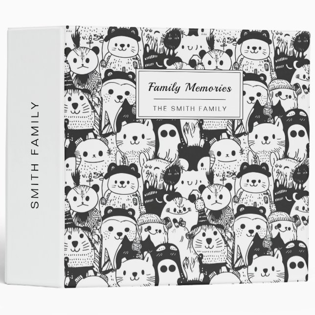 Cute Kawaii Animal Doodle Pattern (1) 3 Ring Binder (Front/Spine)