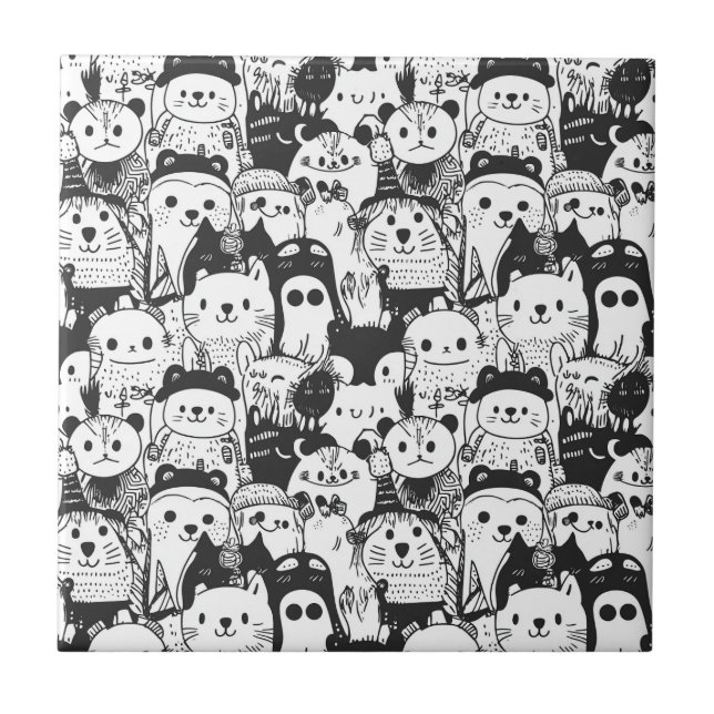 Cute Kawaii Animal Doodle Pattern (1) Ceramic Tile (Front)