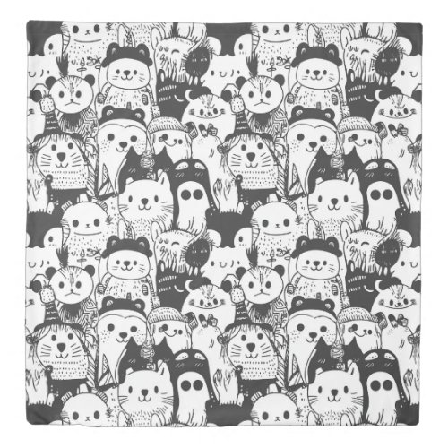 Cute Kawaii Animal Doodle Pattern (1) Duvet Cover