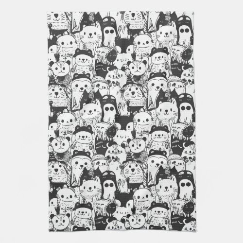 Cute Kawaii Animal Doodle Pattern (1) Kitchen Towel
