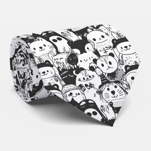 Cute Kawaii Animal Doodle Pattern (1) Neck Tie (Rolled)