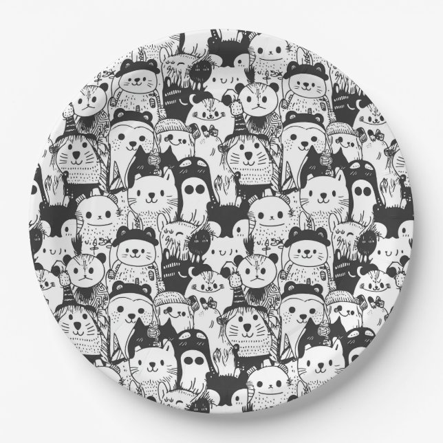 Cute Kawaii Animal Doodle Pattern (1) Paper Plates (Front)