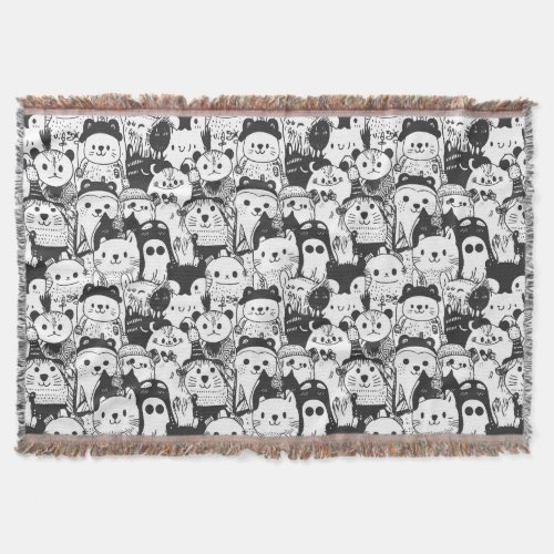 Cute Kawaii Animal Doodle Pattern (1) Throw Blanket