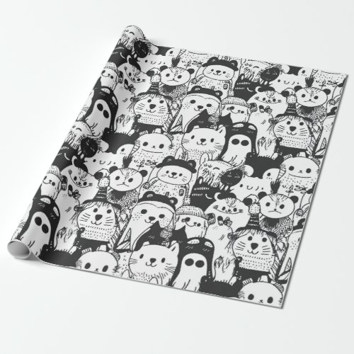 Cute Kawaii Animal Doodle Pattern (1) Wrapping Paper