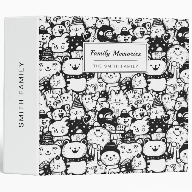 Cute Kawaii Animal Doodle Pattern (2) 3 Ring Binder (Front/Spine)