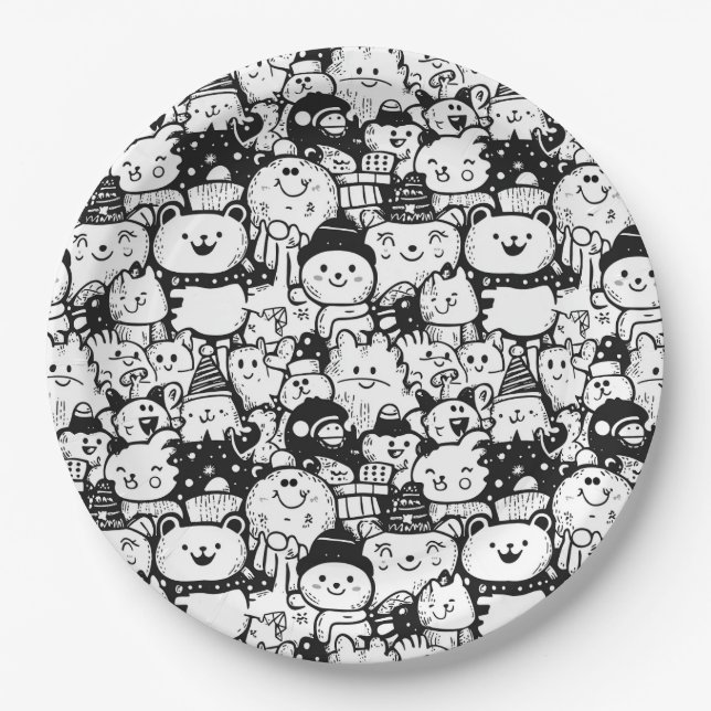Cute Kawaii Animal Doodle Pattern (2) Paper Plates (Front)