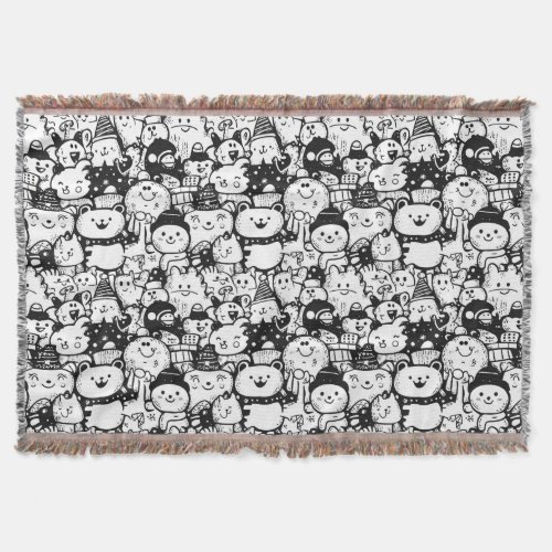 Cute Kawaii Animal Doodle Pattern (2) Throw Blanket