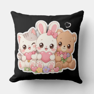 Cute Kawaii Animal Friends Hearts Flowers Pastel T Throw Pillow