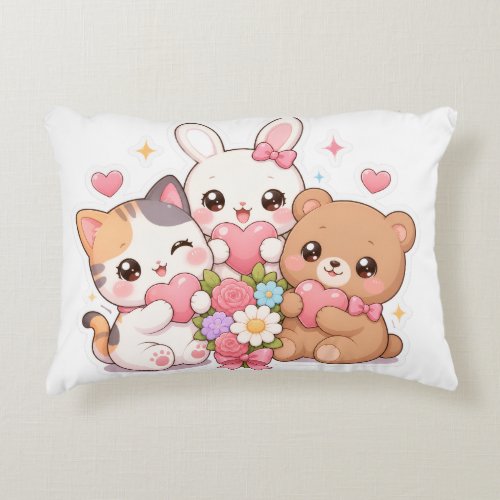 Cute Kawaii Animal Friends Hearts & Flowers Pillow