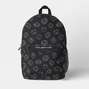 Cute Kawaii Animal Line Art Custom Name Black Printed Backpack