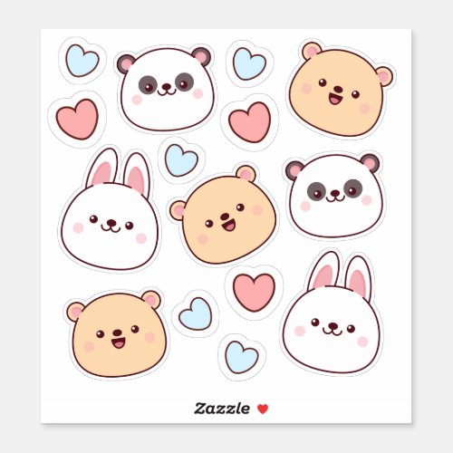 Cute kawaii animals and hearts  sticker
