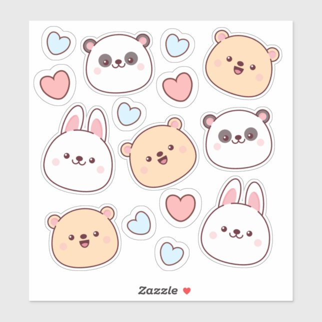 Cute kawaii animals and hearts  sticker (Sheet)