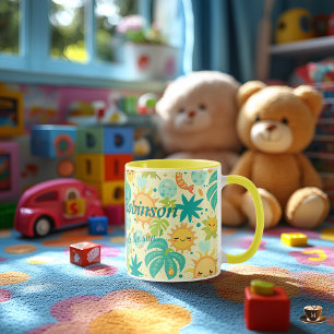 Cute kawaii animals and sun in cheerful pastel mug