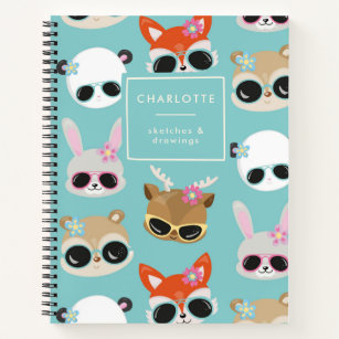 Cute Kawaii Animals Sunglasses Blue Name Drawing Notebook