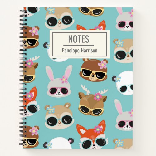 Cute Kawaii Animals Sunglasses Blue Personalized Notebook