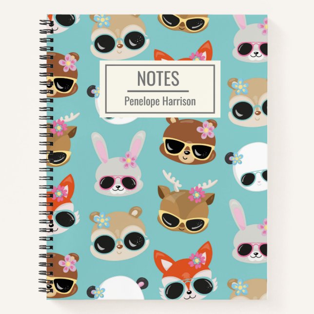 Cute Kawaii Animals Sunglasses Blue Personalized Notebook (Front)