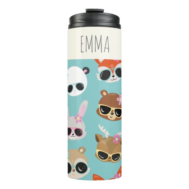 Cute Kawaii Animals Sunglasses Blue Personalized Thermal Tumbler (Front)