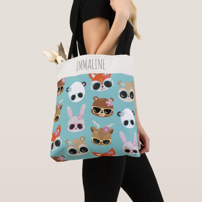 Cute Kawaii Animals Sunglasses Blue Personalized Tote Bag (Close Up)