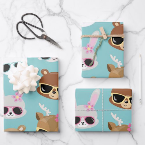 Cute Kawaii Animals Sunglasses in Blue  Wrapping Paper Sheets