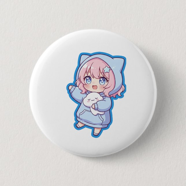 Cute Kawaii Anime Girl Sticker Button (Front)