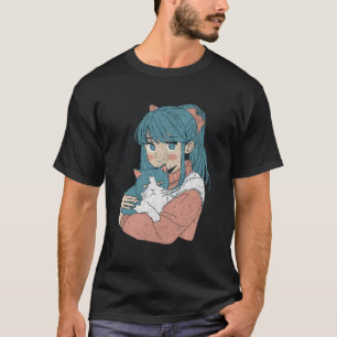 Cute Kawaii Anime Girl With Cat Kitty Manga Japan T-Shirt