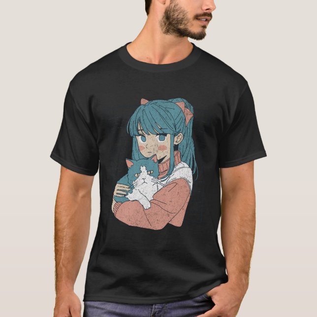 Cute Kawaii Anime Girl With Cat Kitty Manga Japan  T-Shirt (Front)