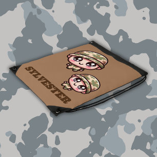 Cute Kawaii Army Camouflage Monogram on Brown Drawstring Bag