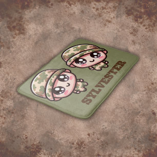 Cute Kawaii Army Camouflage Monogram on Green   Bath Mat