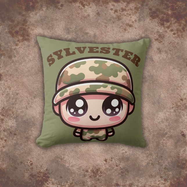 Cute Kawaii Army Camouflage Monogram on Green | Throw Pillow (Creator Uploaded)