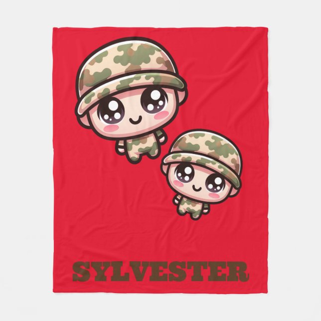 Cute Kawaii Army Camouflage Monogram on Red | Fleece Blanket (Front)