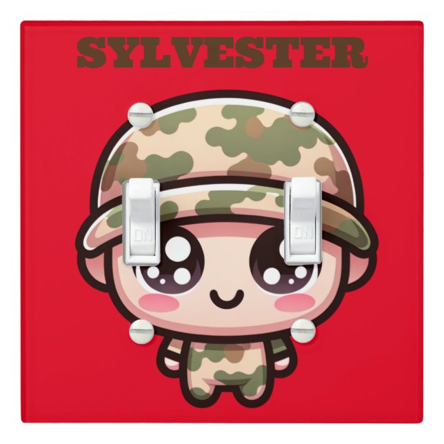 Cute Kawaii Army Camouflage Monogram on Red | Light Switch Cover (In Situ)
