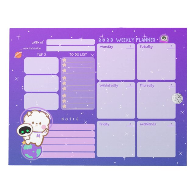 Cute Kawaii Astronaut Undated Weekly Planner Notepad (Front)