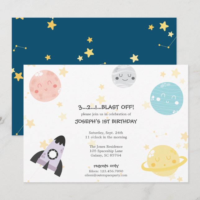 Cute Kawaii Astronomy Kid's Birthday Invitation (Front/Back)