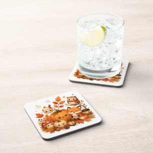 Cute Kawaii Autumn Pumpkin Fox Owl Fall Animals Beverage Coaster