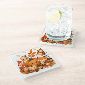 Cute Kawaii Autumn Pumpkin Fox Owl Fall Animals  Glass Coaster