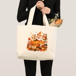 Cute Kawaii Autumn Pumpkin Fox Owl Fall Animals Large Tote Bag