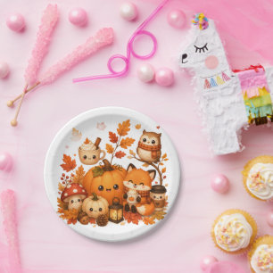 Cute Kawaii Autumn Pumpkin Fox Owl Fall Animals Paper Plates