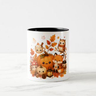 Cute Kawaii Autumn Pumpkin Fox Owl Fall Animals Two-Tone Coffee Mug