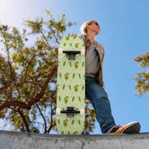 Cute kawaii avocado on green skateboard