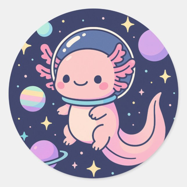 Cute Kawaii Axolotl Astronaut – Retro Space Advent Classic Round Sticker (Front)
