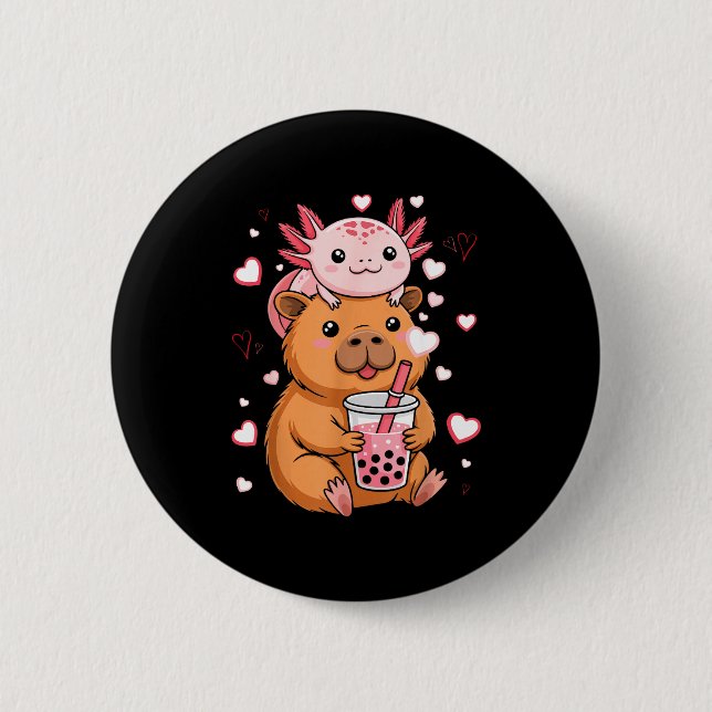 Cute Kawaii Axolotl Capybara Bubble Tea Boys Girls Button (Front)