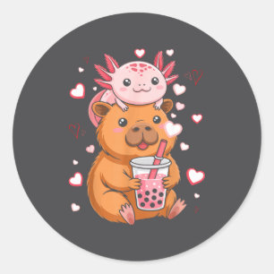 Cute Kawaii Axolotl Capybara Bubble Tea Boys Girls Classic Round Sticker