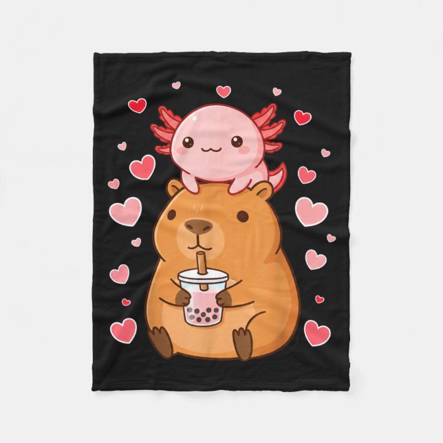 Cute Kawaii Axolotl Capybara Bubble Tea Boys Girls Fleece Blanket (Front)