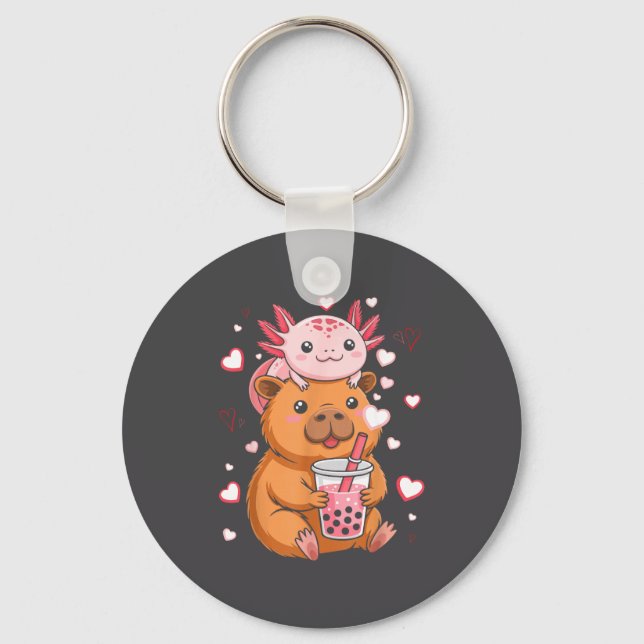 Cute Kawaii Axolotl Capybara Bubble Tea Boys Girls Keychain (Front)