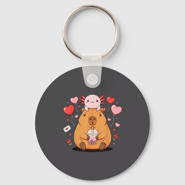Cute Kawaii Axolotl Capybara Bubble Tea Boys Girls Keychain (Front)