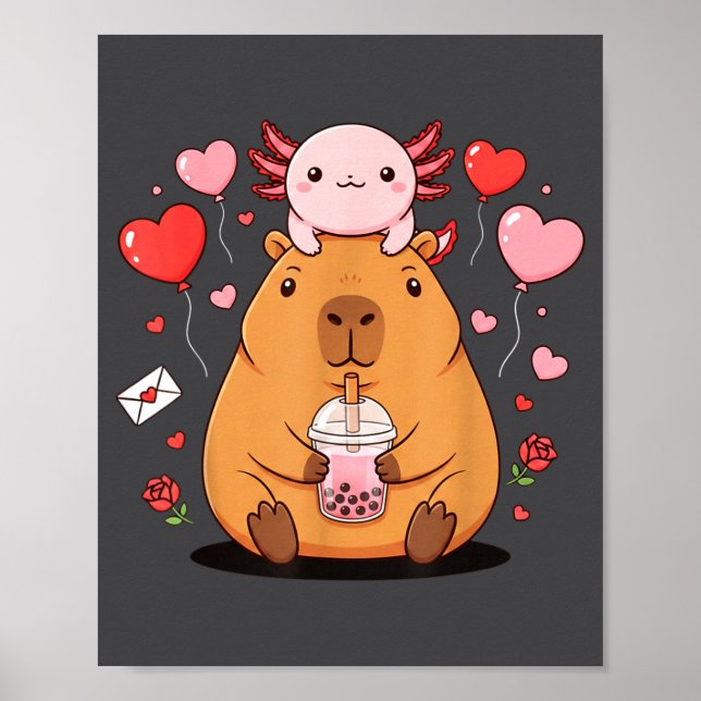 Cute Kawaii Axolotl Capybara Bubble Tea Boys Girls Poster (Front)